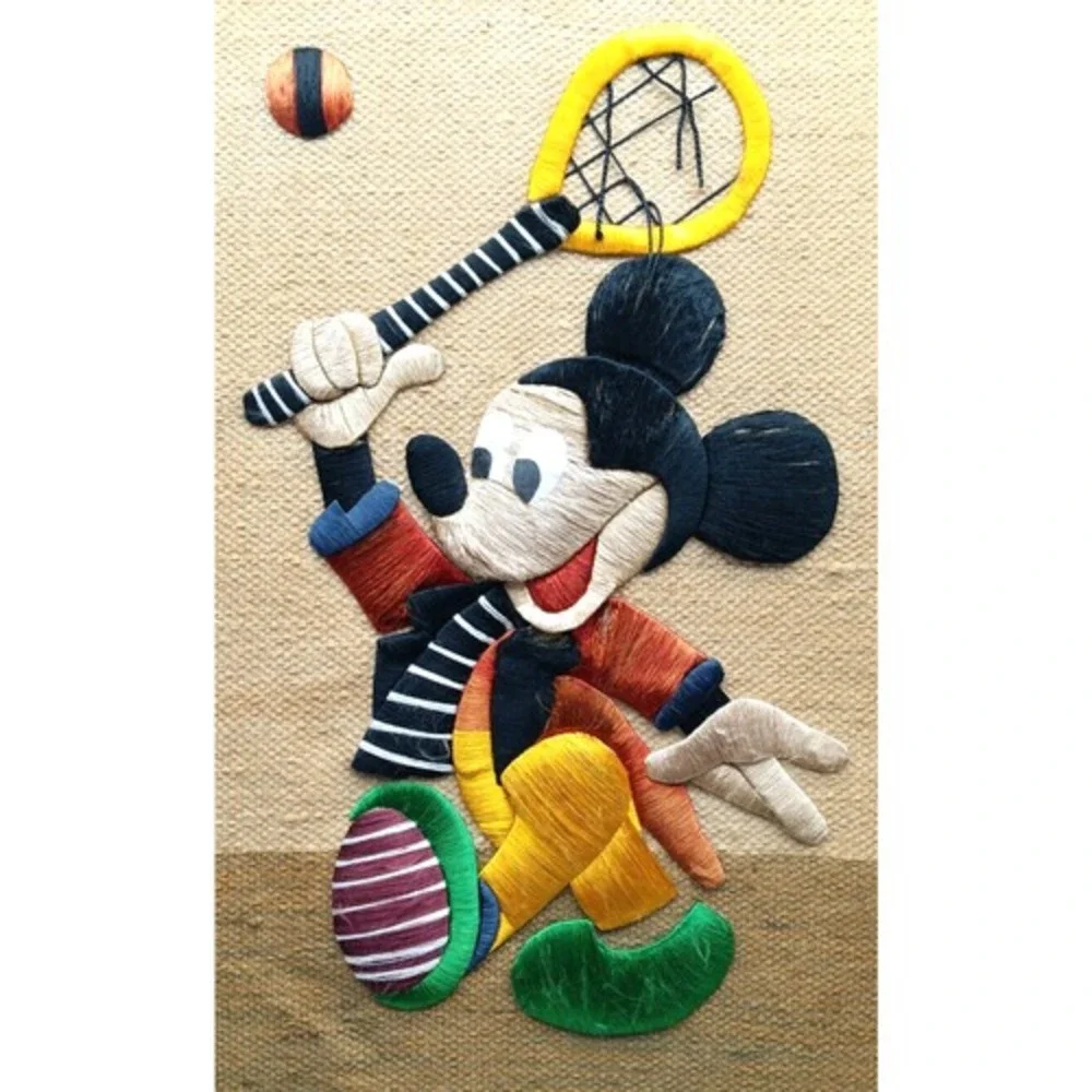 MICKEY MOUSE Woven Burlap Vintage‎ Wall Hanging Tapestry Embroidery Plays Tennis